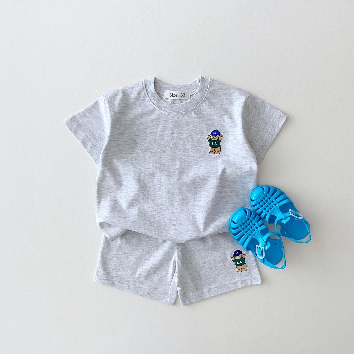 Korean Version Of Ins Children's Clothing Candy Color Cotton Casual Short-Sleeved Suit Baby Cartoon Bear T-Shirt Shorts