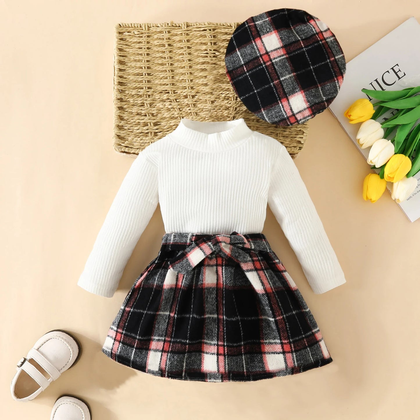 ma&baby 6M-3Y Toddler Infant Newborn Baby Girls Clothes Sets Knit Long Sleeve Tops Plaid Skrits Hat Fall Spring Outfits D05