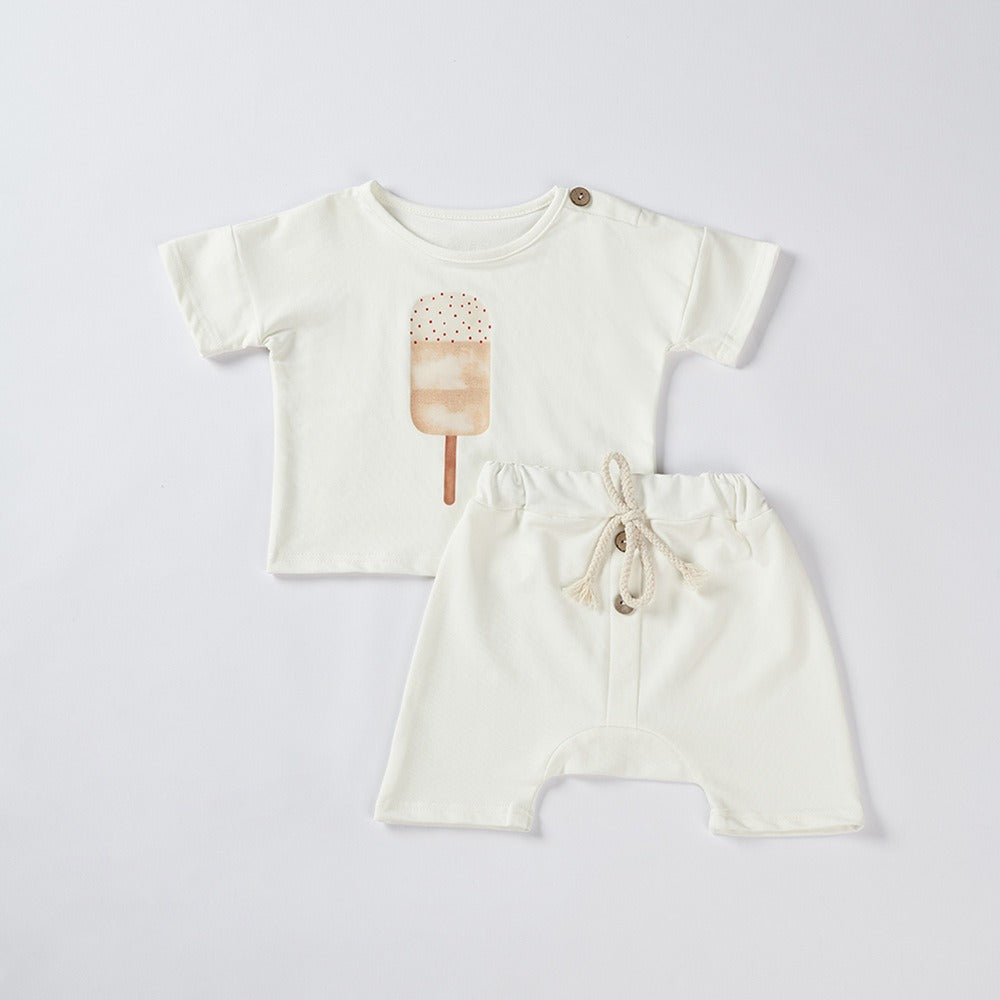 Boys and Girls Ice Cream Sun Print Summer Pure Cotton Set Two Piece Baby Loose Set