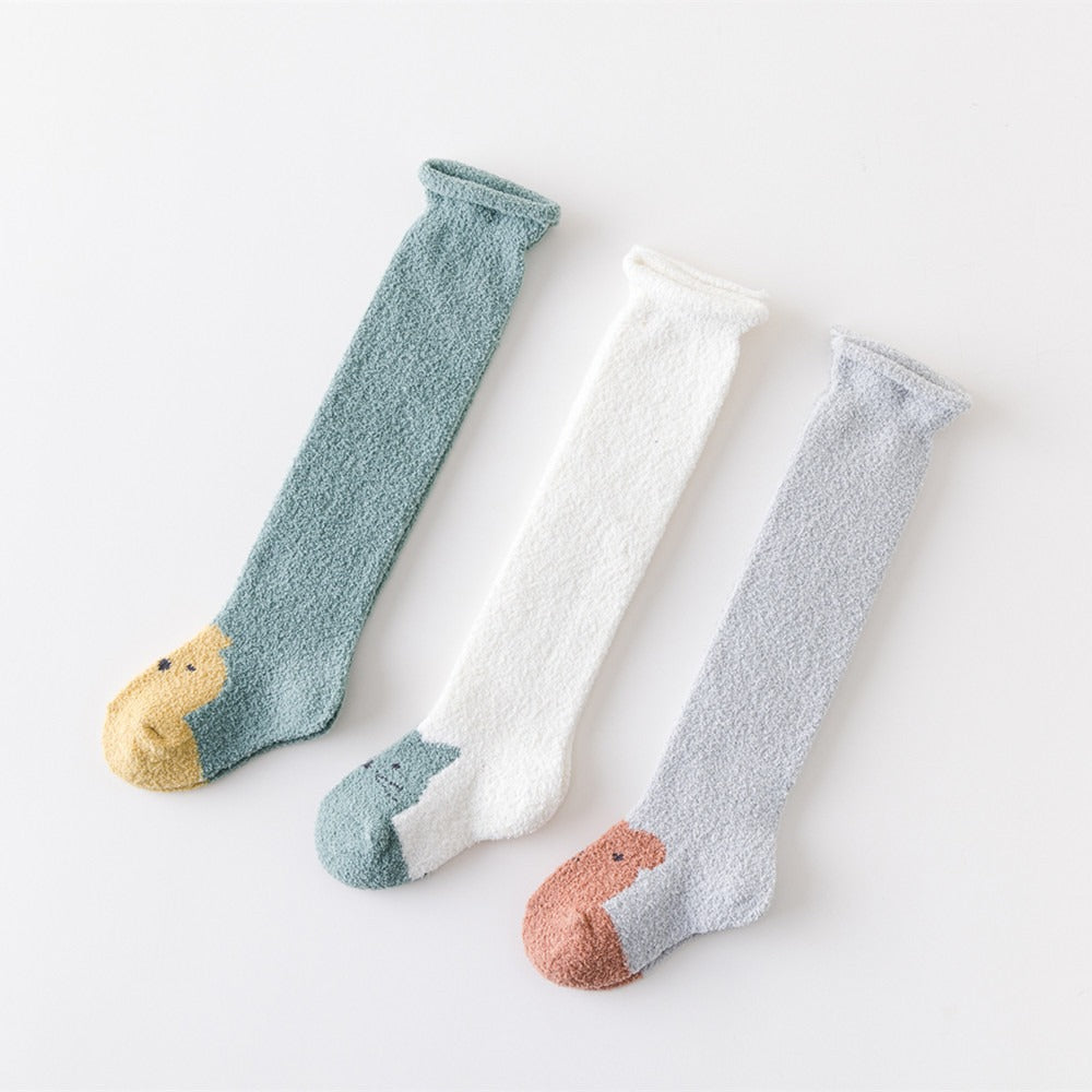 Autumn and Winter New Product Thickened Baby Socks Curled Cartoon Animal Head Coral Plush Baby Long Sleeve Socks