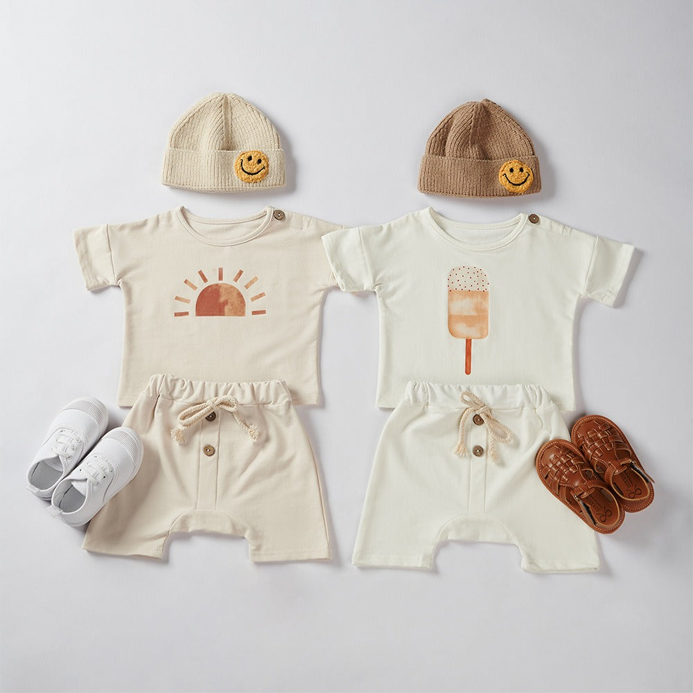 Boys and Girls Ice Cream Sun Print Summer Pure Cotton Set Two Piece Baby Loose Set