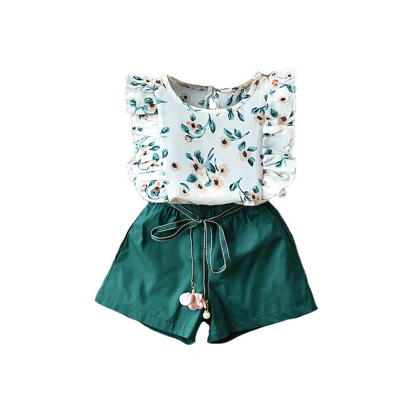 Children's Summer Korean Version Of The Girls' Suit Lace Sleeveless Tops Female Baby Loose Shorts Two-Piece