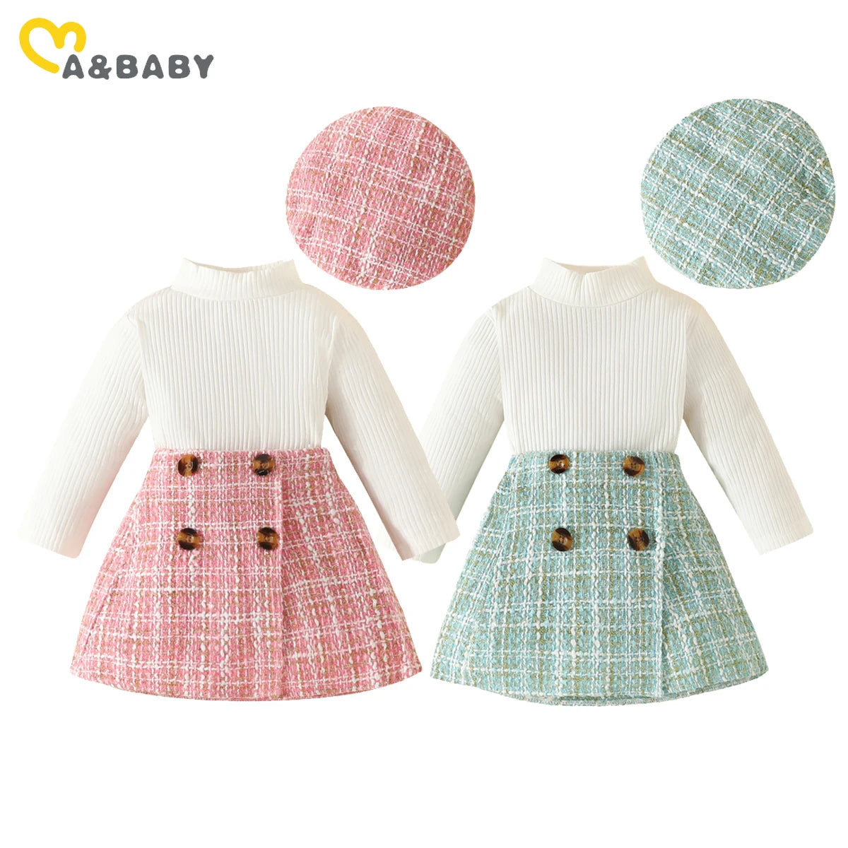 ma&baby 6M-3Y Toddler Infant Newborn Baby Girls Clothes Sets Knit Long Sleeve Tops Plaid Skrits Hat Fall Spring Outfits D05