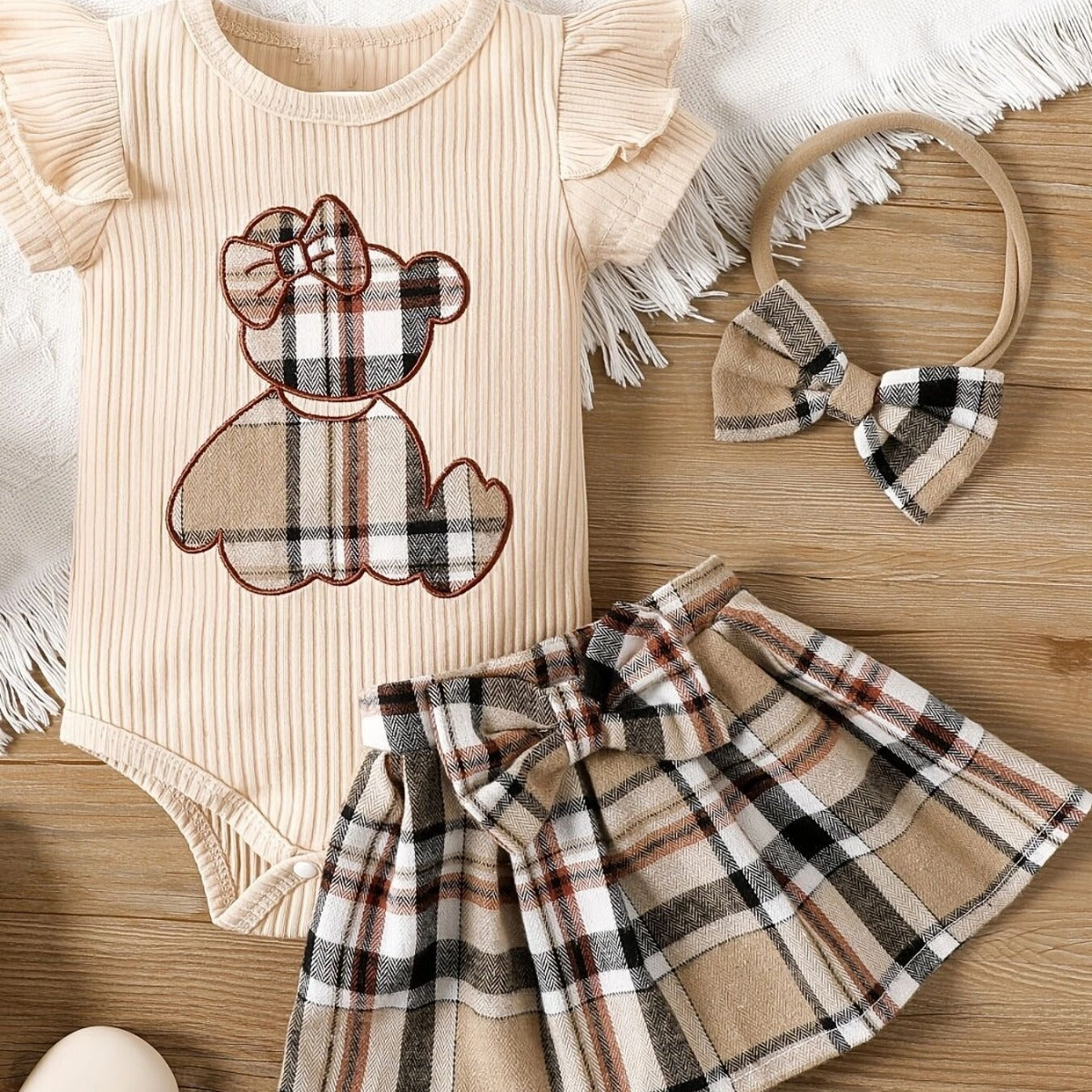 Baby Girl Summer Romper – Plaid Design with Teddy Bear Embroidery