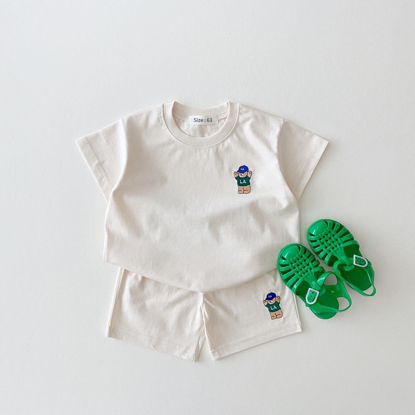 Korean Version Of Ins Children's Clothing Candy Color Cotton Casual Short-Sleeved Suit Baby Cartoon Bear T-Shirt Shorts