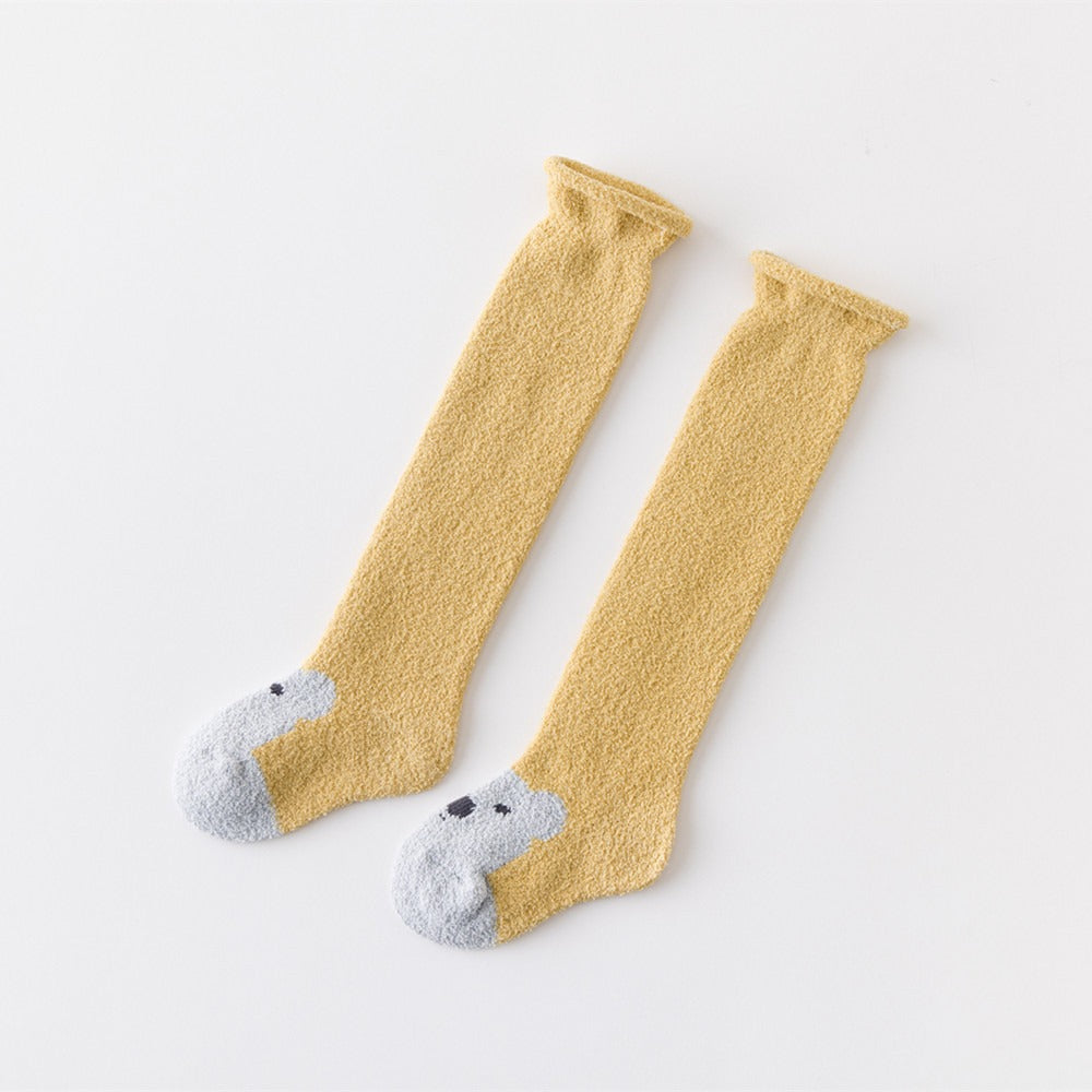 Autumn and Winter New Product Thickened Baby Socks Curled Cartoon Animal Head Coral Plush Baby Long Sleeve Socks