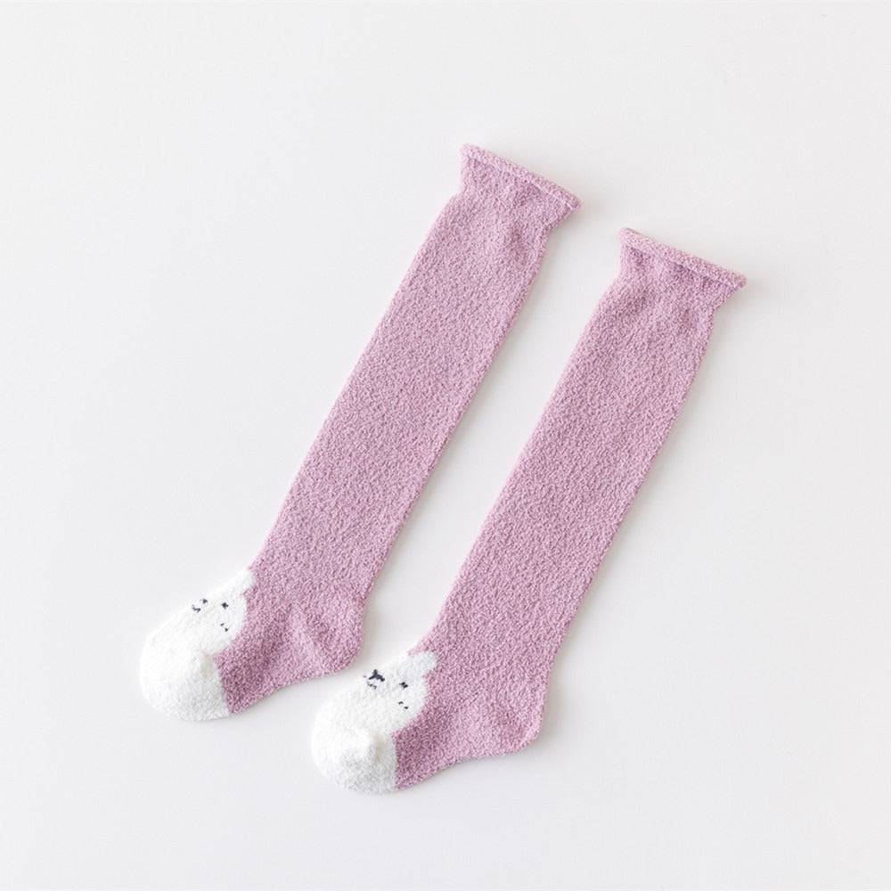 Autumn and Winter New Product Thickened Baby Socks Curled Cartoon Animal Head Coral Plush Baby Long Sleeve Socks