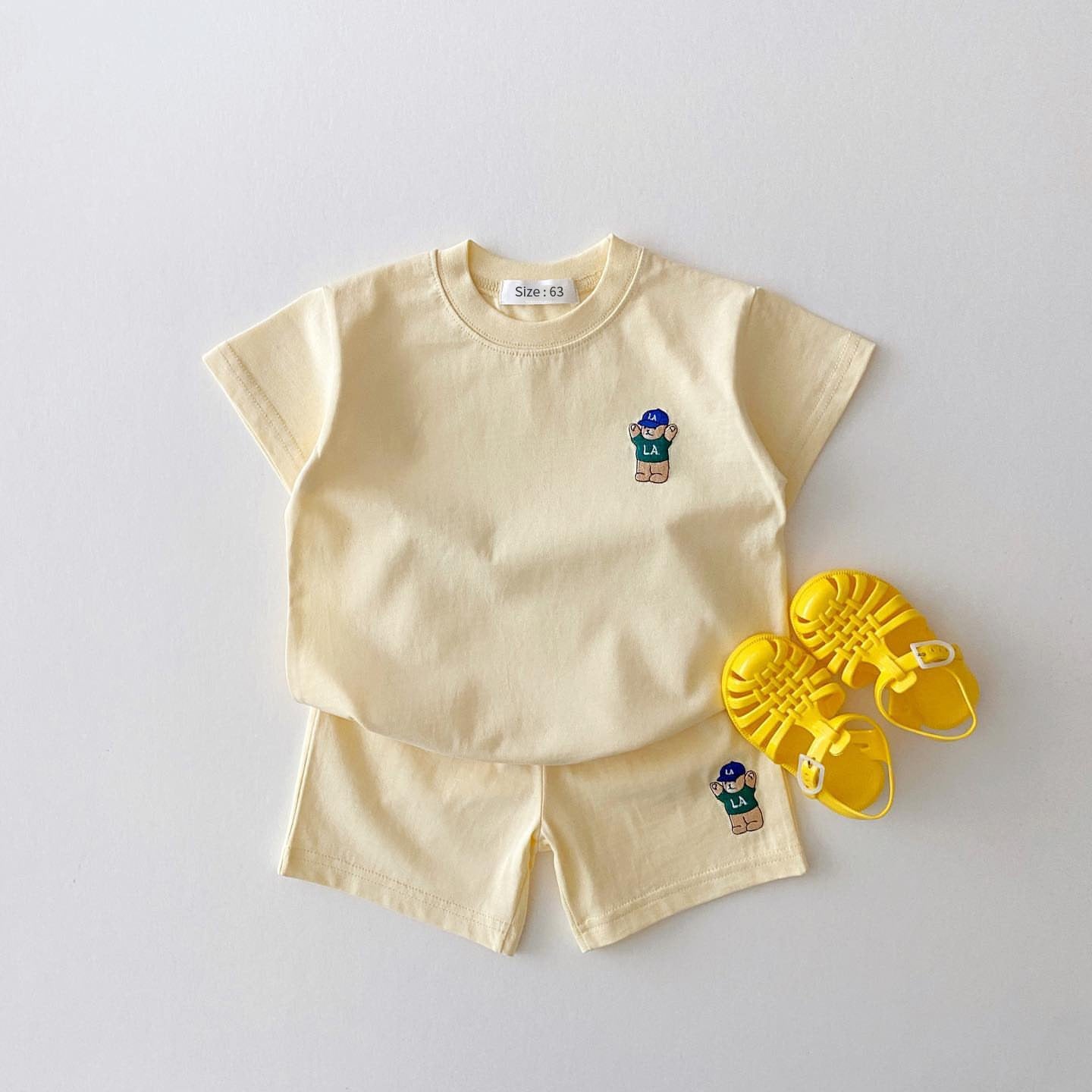 Korean Version Of Ins Children's Clothing Candy Color Cotton Casual Short-Sleeved Suit Baby Cartoon Bear T-Shirt Shorts