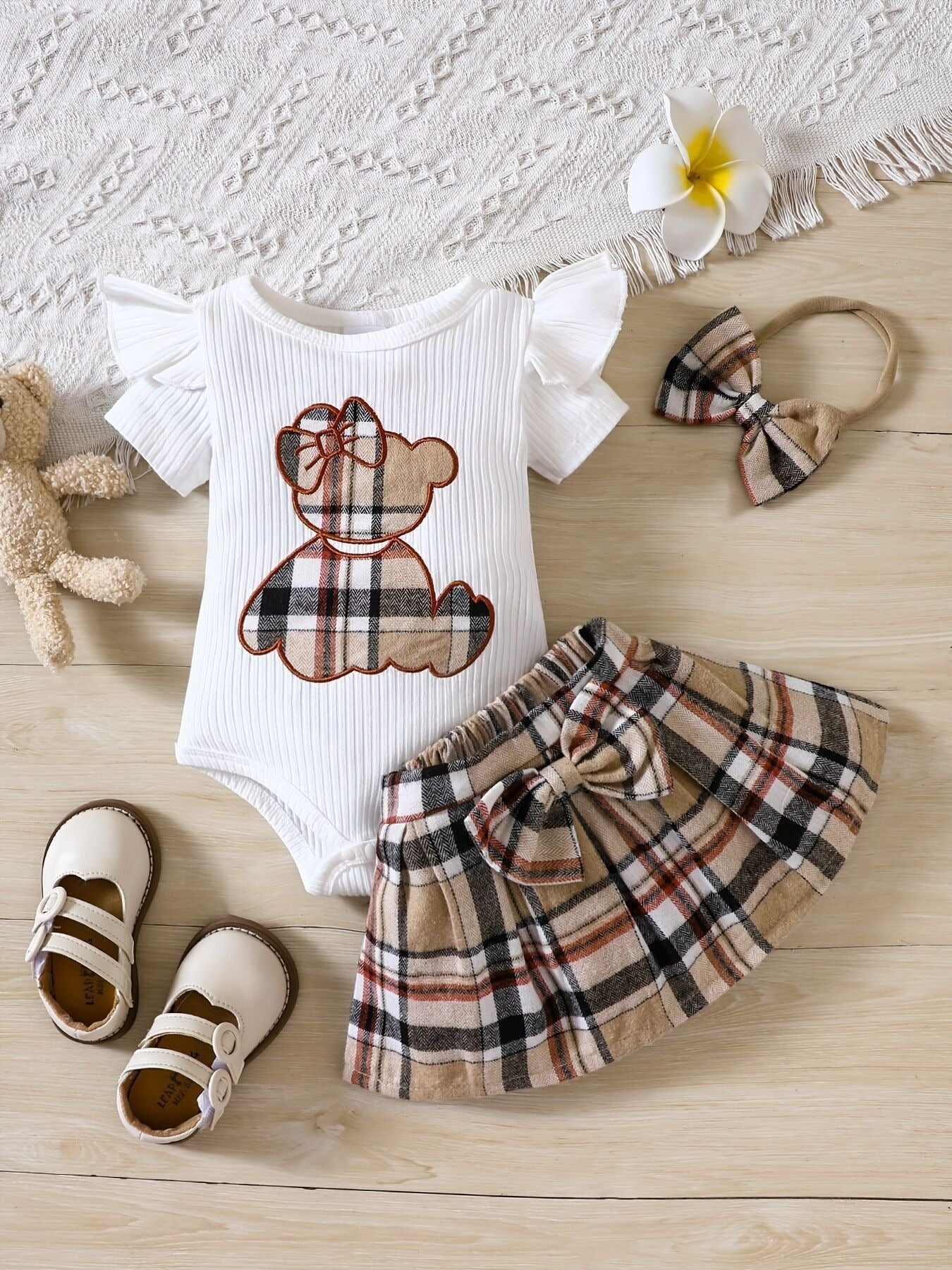 Baby Girl Summer Romper – Plaid Design with Teddy Bear Embroidery