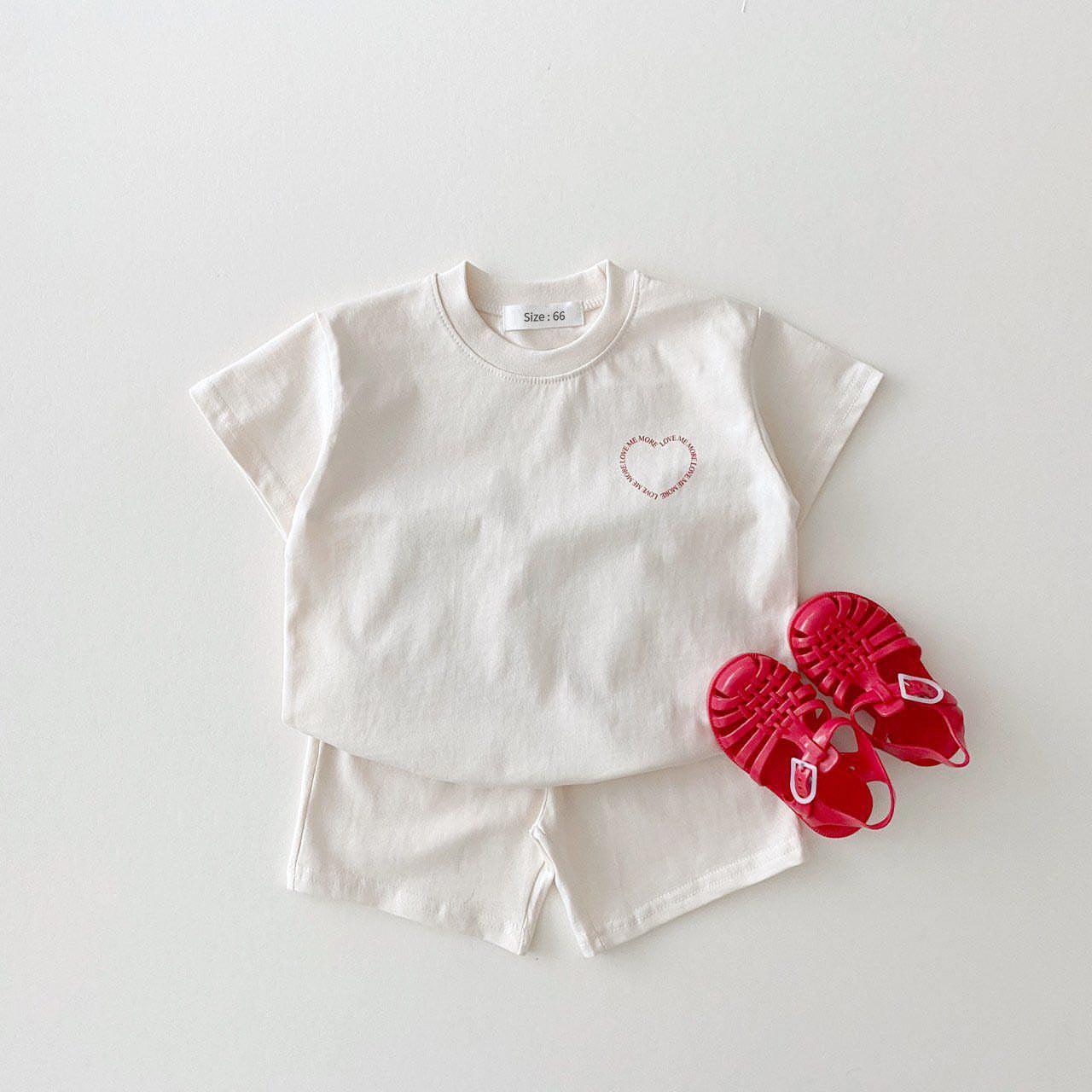 Korean Version Ins Boys And Girls Heart-Shaped Printing Summer Thin Cotton Suit Two-Piece Baby Loose Suit Trend