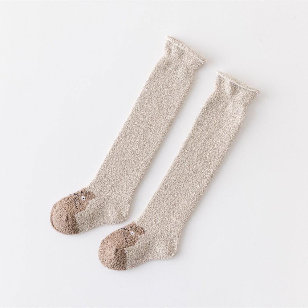 Autumn and Winter New Product Thickened Baby Socks Curled Cartoon Animal Head Coral Plush Baby Long Sleeve Socks
