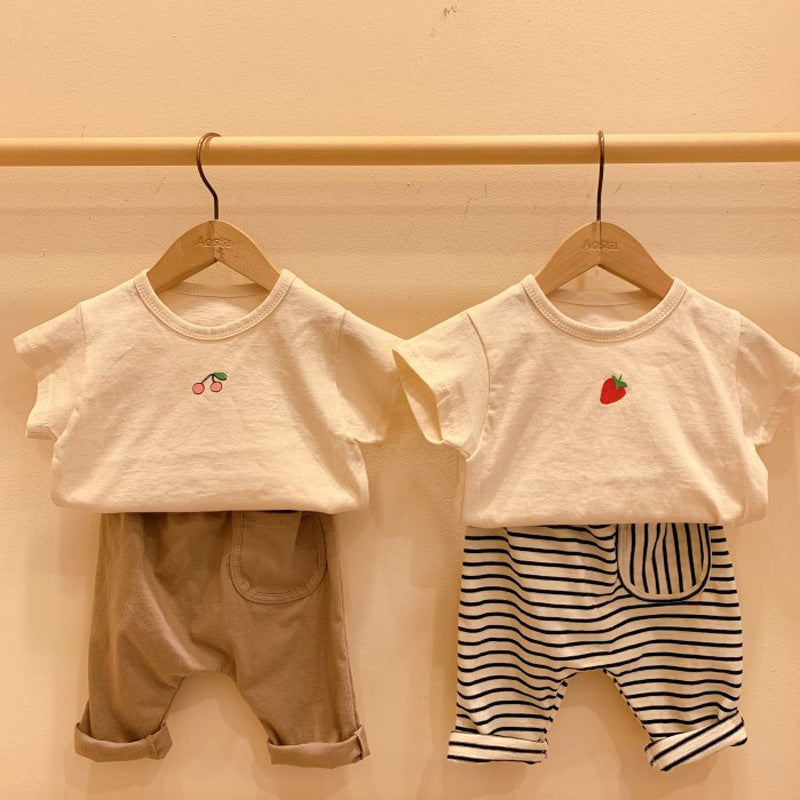 Children's clothing spring and summer boys and girls all match casual stripes comfortable pants baby trousers