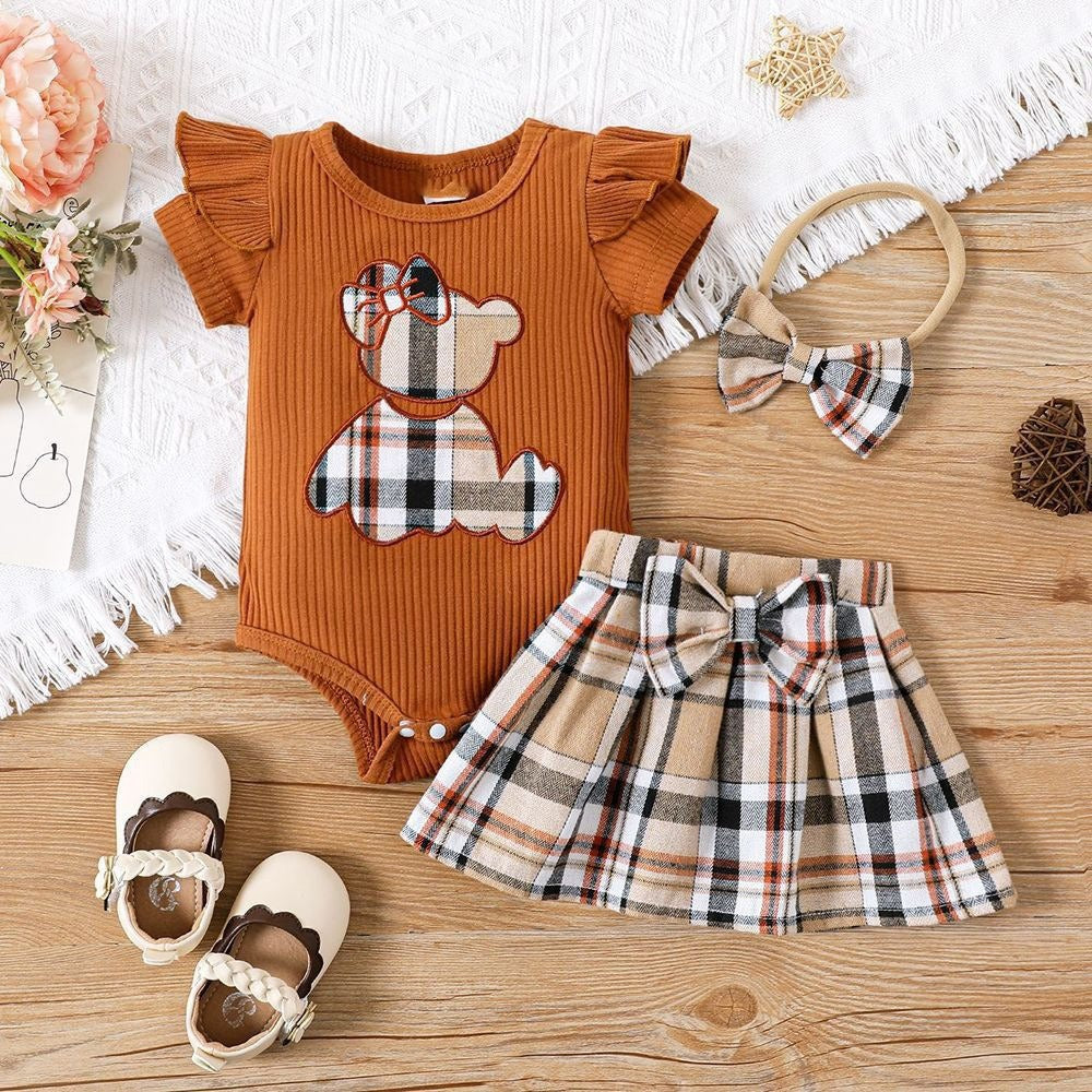 Baby Girl Summer Romper – Plaid Design with Teddy Bear Embroidery