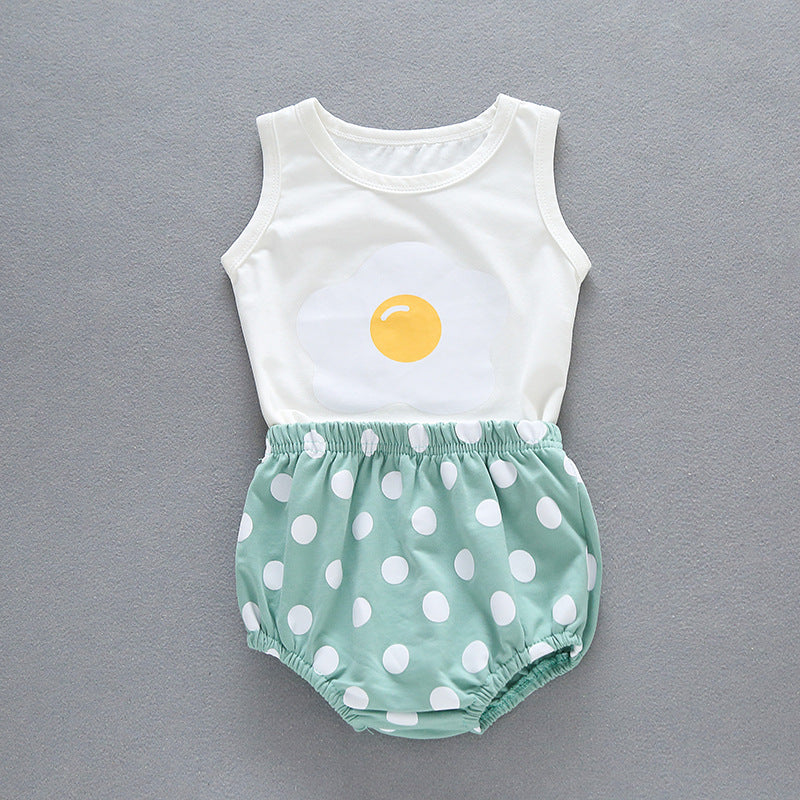 Children's Clothing Summer New Baby Poached Egg Print Vest Top Plus Polka Dot Bread Pants Two-Piece Suit