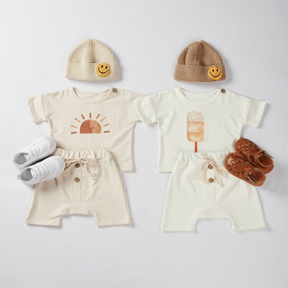 Boys and Girls Ice Cream Sun Print Summer Pure Cotton Set Two Piece Baby Loose Set