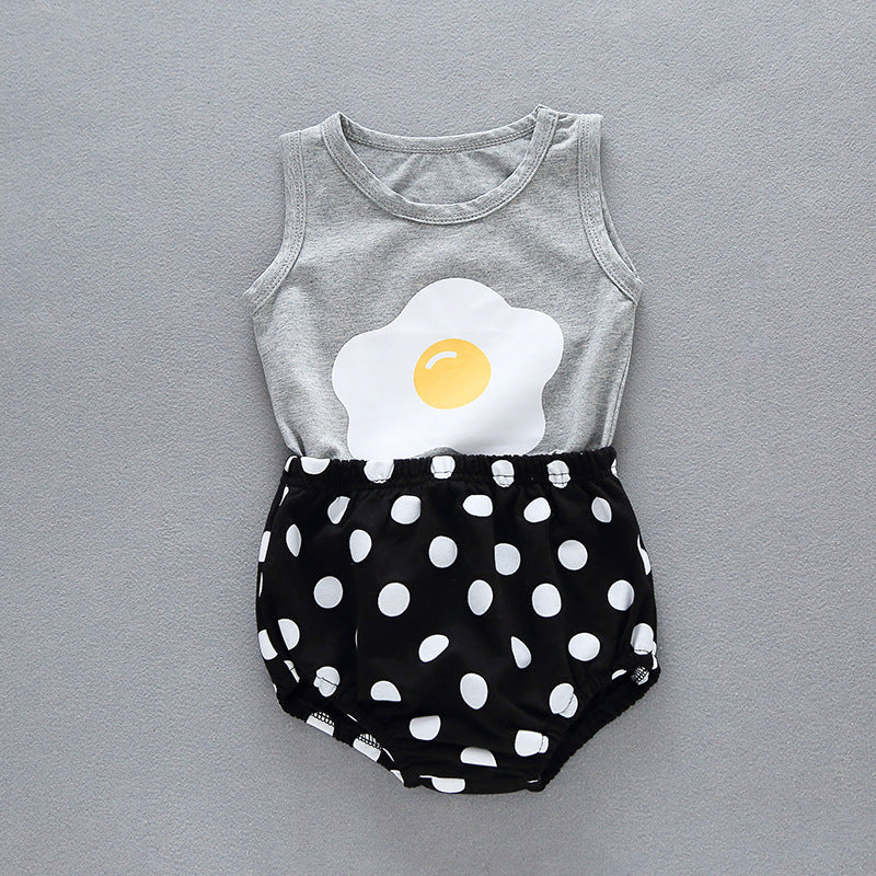 Children's Clothing Summer New Baby Poached Egg Print Vest Top Plus Polka Dot Bread Pants Two-Piece Suit
