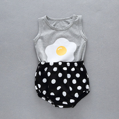 Children's Clothing Summer New Baby Poached Egg Print Vest Top Plus Polka Dot Bread Pants Two-Piece Suit