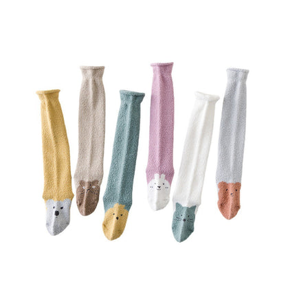 Autumn and Winter New Product Thickened Baby Socks Curled Cartoon Animal Head Coral Plush Baby Long Sleeve Socks