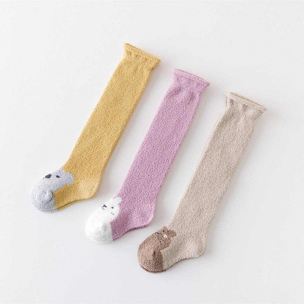 Autumn and Winter New Product Thickened Baby Socks Curled Cartoon Animal Head Coral Plush Baby Long Sleeve Socks