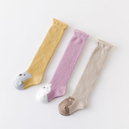 Autumn and Winter New Product Thickened Baby Socks Curled Cartoon Animal Head Coral Plush Baby Long Sleeve Socks