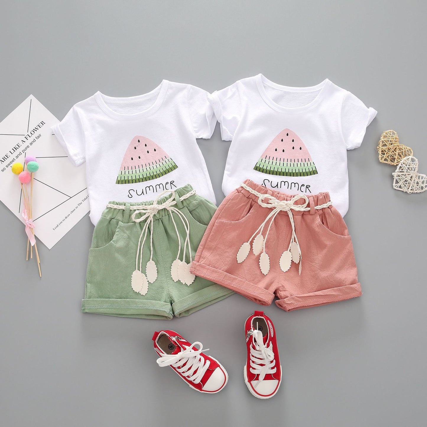 Girls Summer Short Sleeve Suit New Korean Version Girls T-Shirt Shorts Baby Two-Piece