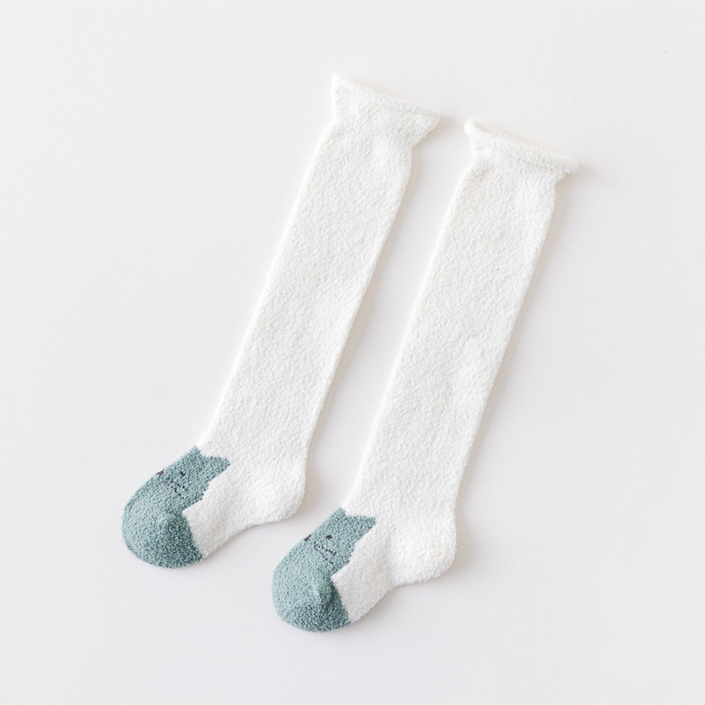 Autumn and Winter New Product Thickened Baby Socks Curled Cartoon Animal Head Coral Plush Baby Long Sleeve Socks