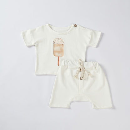 Boys and Girls Ice Cream Sun Print Summer Pure Cotton Set Two Piece Baby Loose Set