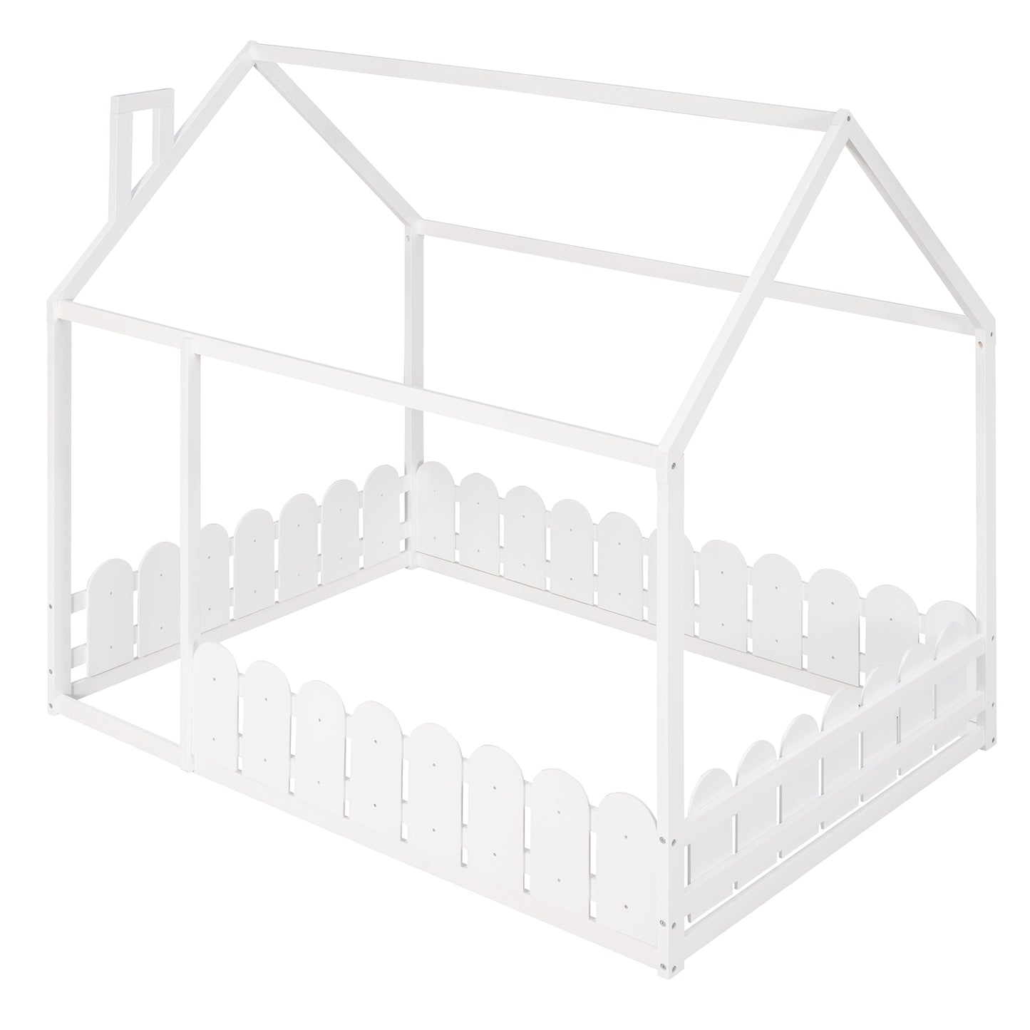 (Slats are not included) Full Size Wood Bed House Bed Frame with Fence for Kids Teens Girls Boys (White )
