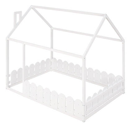 (Slats are not included) Full Size Wood Bed House Bed Frame with Fence for Kids Teens Girls Boys (White )