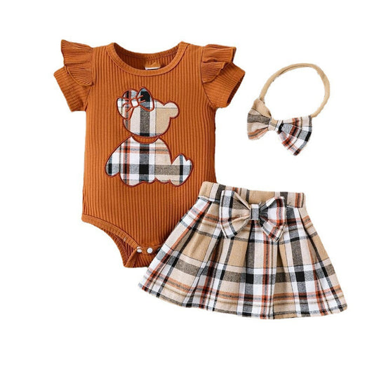 Baby Girl Summer Romper – Plaid Design with Teddy Bear Embroidery