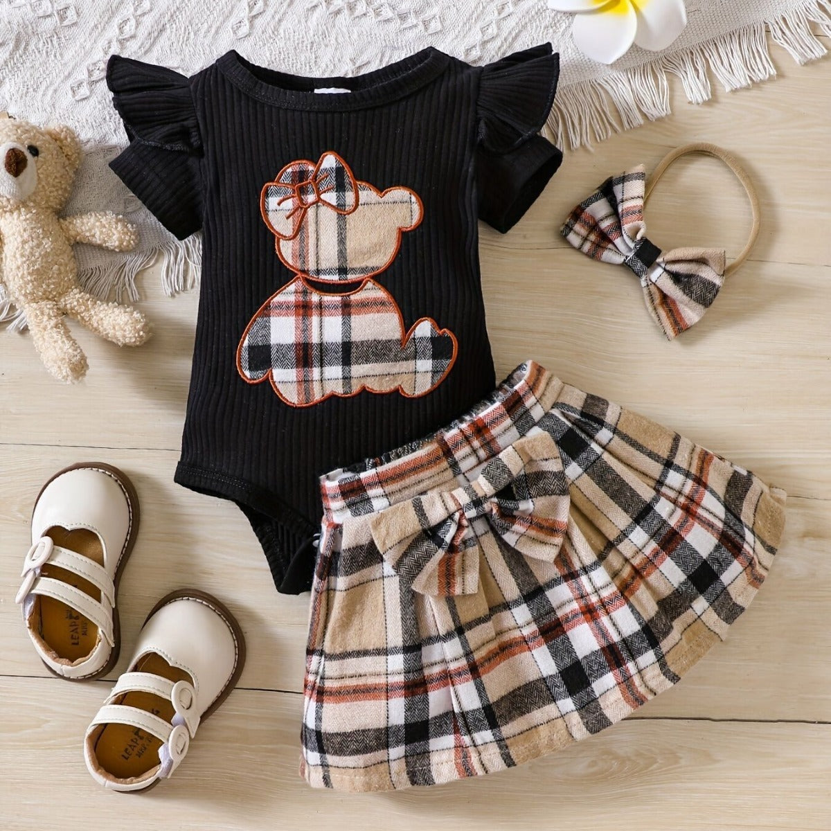 Baby Girl Summer Romper – Plaid Design with Teddy Bear Embroidery