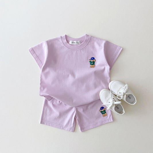 Korean Version Of Ins Children's Clothing Candy Color Cotton Casual Short-Sleeved Suit Baby Cartoon Bear T-Shirt Shorts