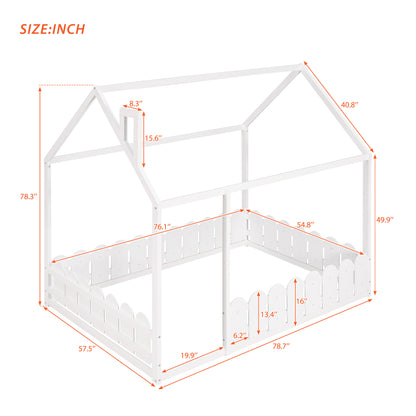 (Slats are not included) Full Size Wood Bed House Bed Frame with Fence for Kids Teens Girls Boys (White )