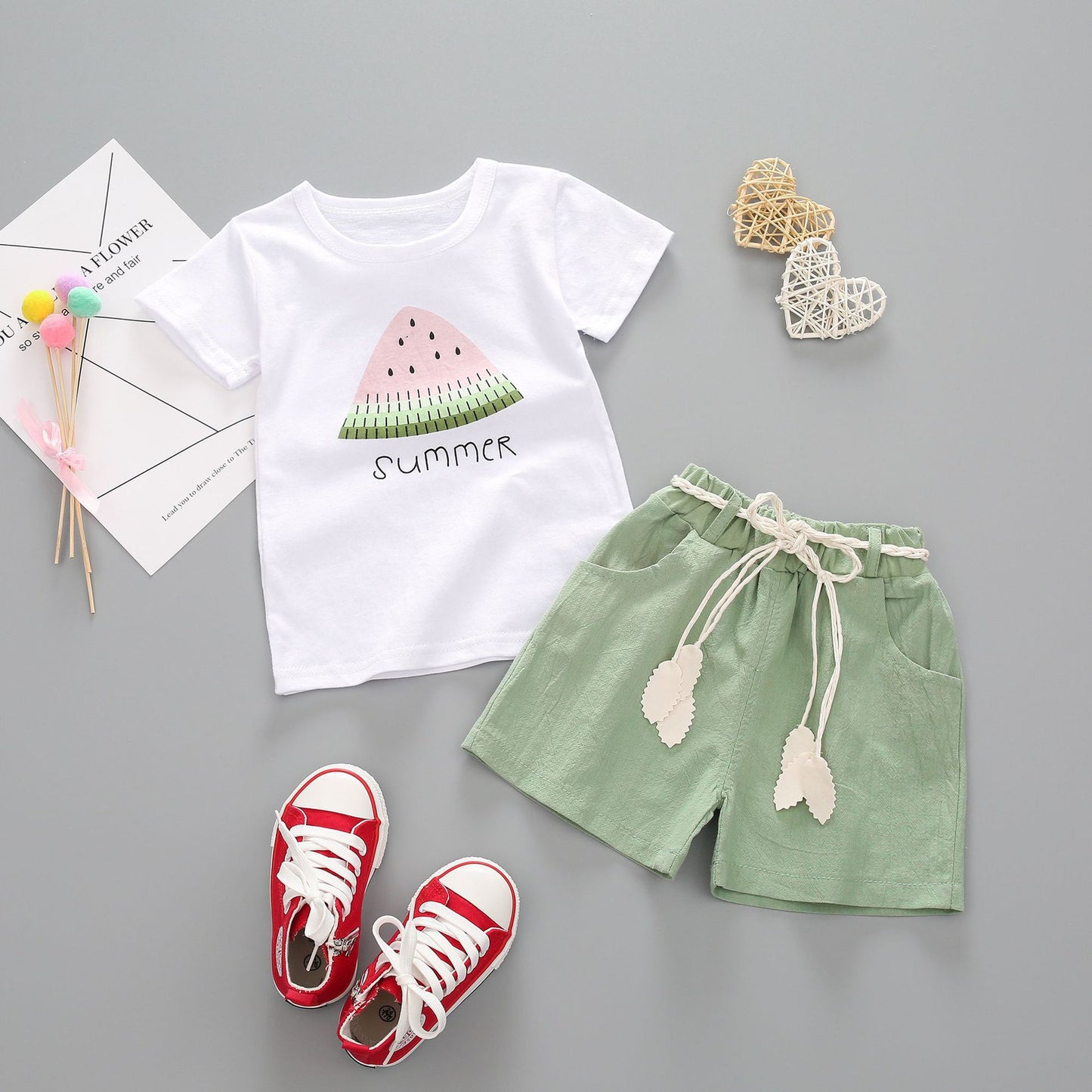 Girls Summer Short Sleeve Suit New Korean Version Girls T-Shirt Shorts Baby Two-Piece