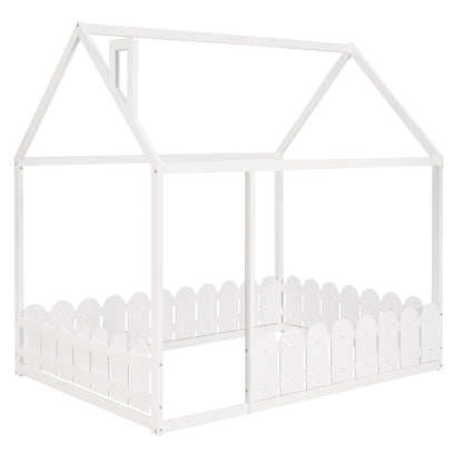 (Slats are not included) Full Size Wood Bed House Bed Frame with Fence for Kids Teens Girls Boys (White )