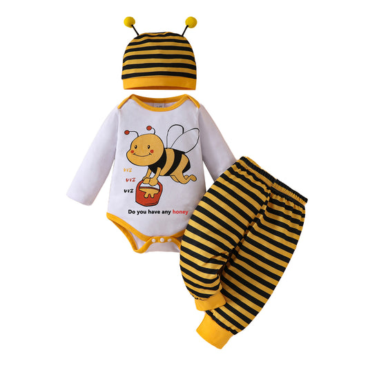 Baby Outfit Set – Bee Print Romper, Striped Pants & Hat (Unisex)