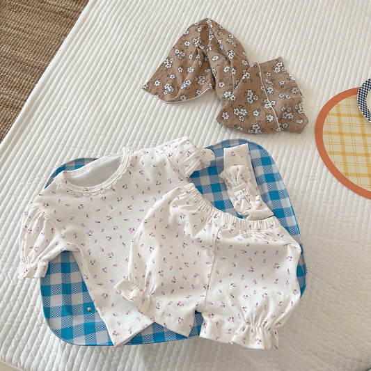 Summer Baby Clothes Korean Version Floral Puff Sleeve Bread Pants Baby Girl Romper Romper Two-Piece Set