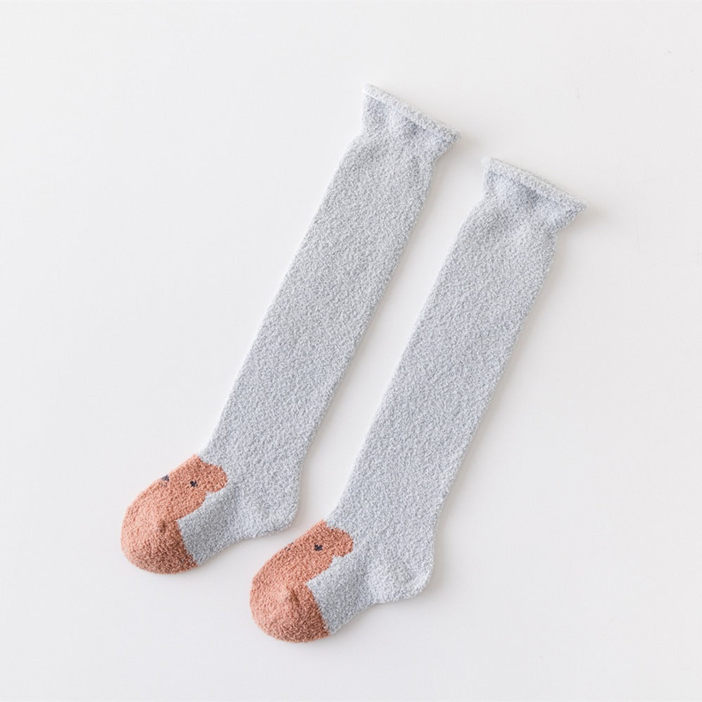 Autumn and Winter New Product Thickened Baby Socks Curled Cartoon Animal Head Coral Plush Baby Long Sleeve Socks