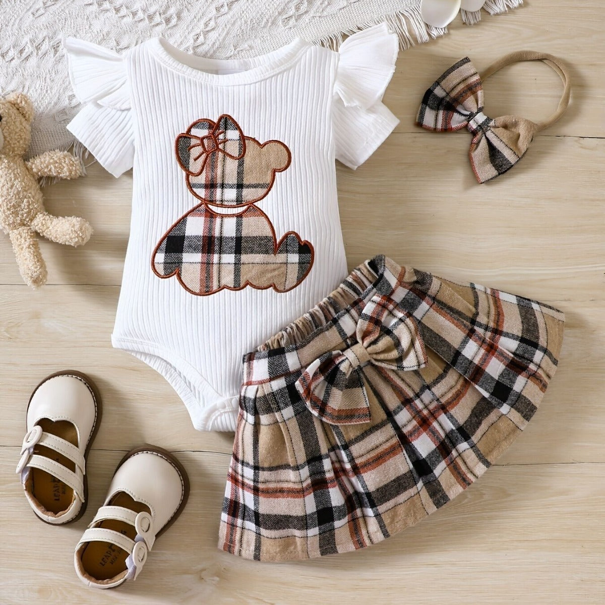 Baby Girl Summer Romper – Plaid Design with Teddy Bear Embroidery
