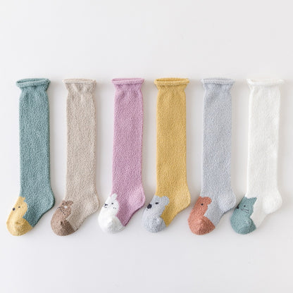 Autumn and Winter New Product Thickened Baby Socks Curled Cartoon Animal Head Coral Plush Baby Long Sleeve Socks