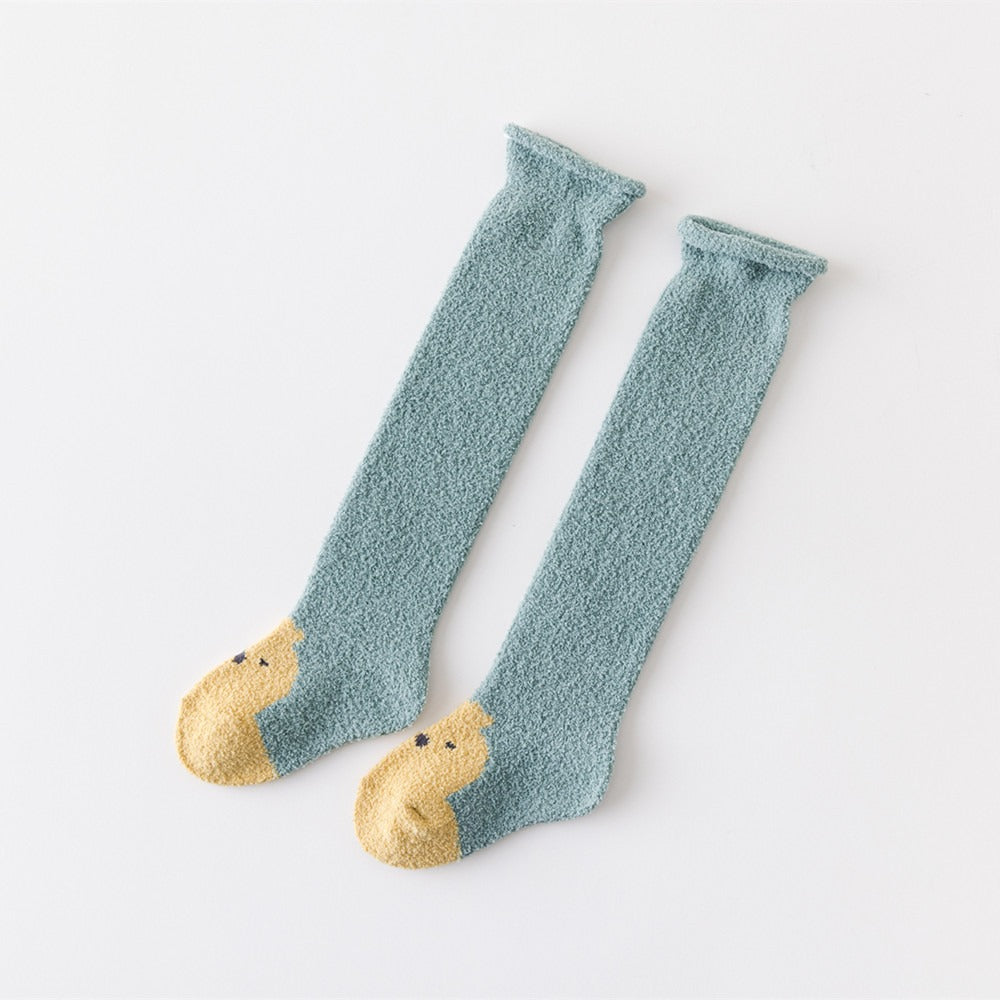 Autumn and Winter New Product Thickened Baby Socks Curled Cartoon Animal Head Coral Plush Baby Long Sleeve Socks