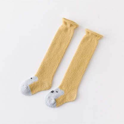 Autumn and Winter New Product Thickened Baby Socks Curled Cartoon Animal Head Coral Plush Baby Long Sleeve Socks