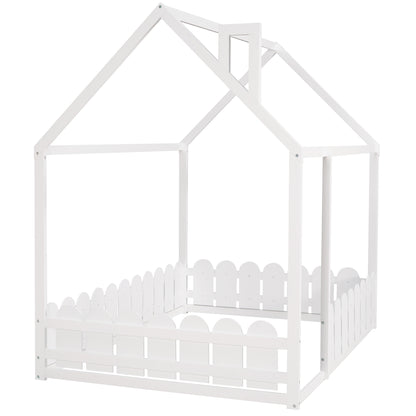 (Slats are not included) Full Size Wood Bed House Bed Frame with Fence for Kids Teens Girls Boys (White )
