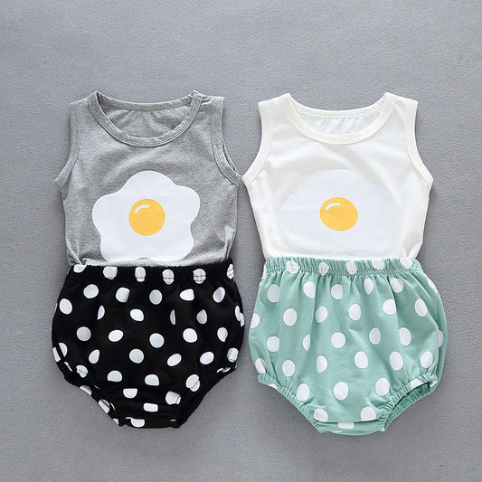Children's Clothing Summer New Baby Poached Egg Print Vest Top Plus Polka Dot Bread Pants Two-Piece Suit