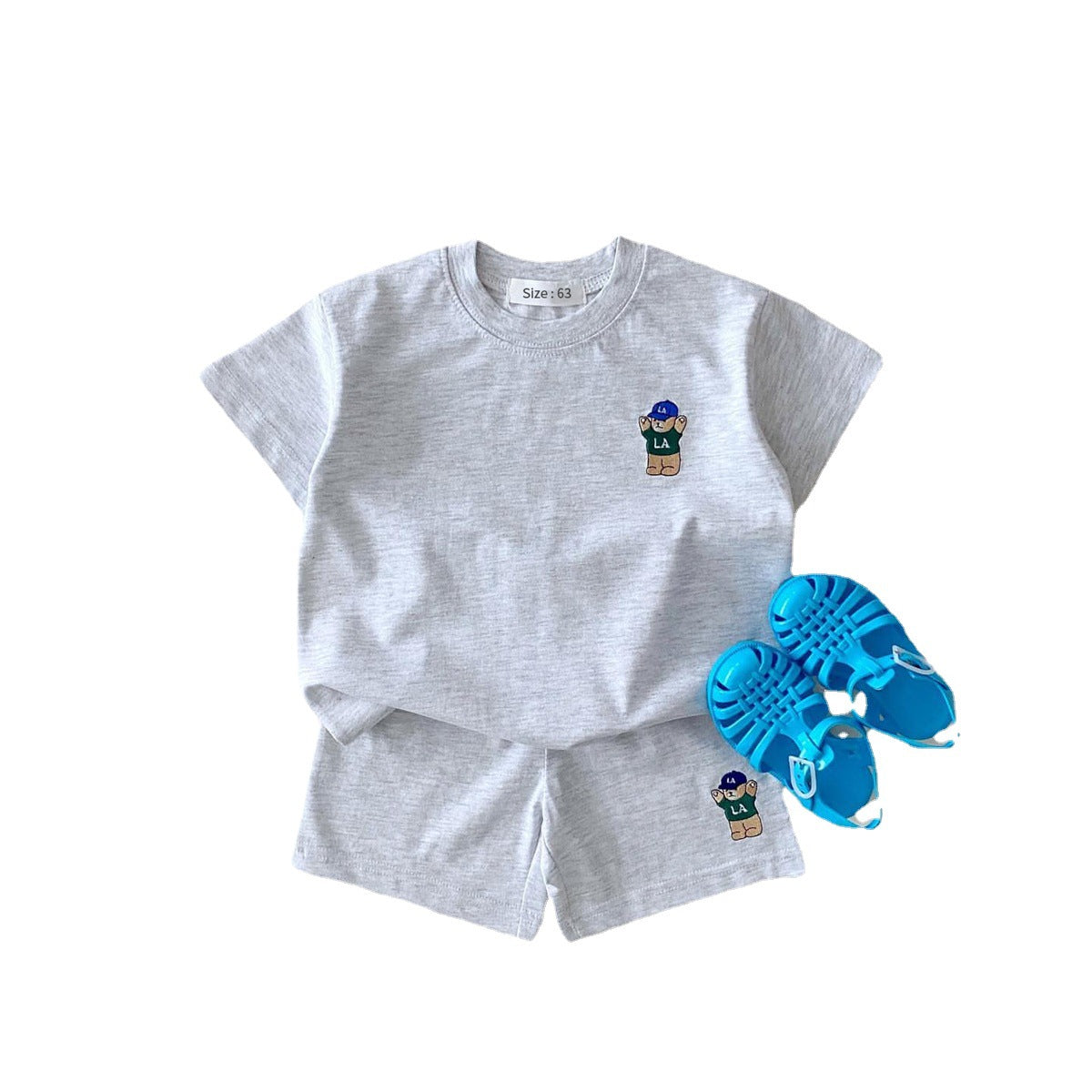 Korean Version Of Ins Children's Clothing Candy Color Cotton Casual Short-Sleeved Suit Baby Cartoon Bear T-Shirt Shorts