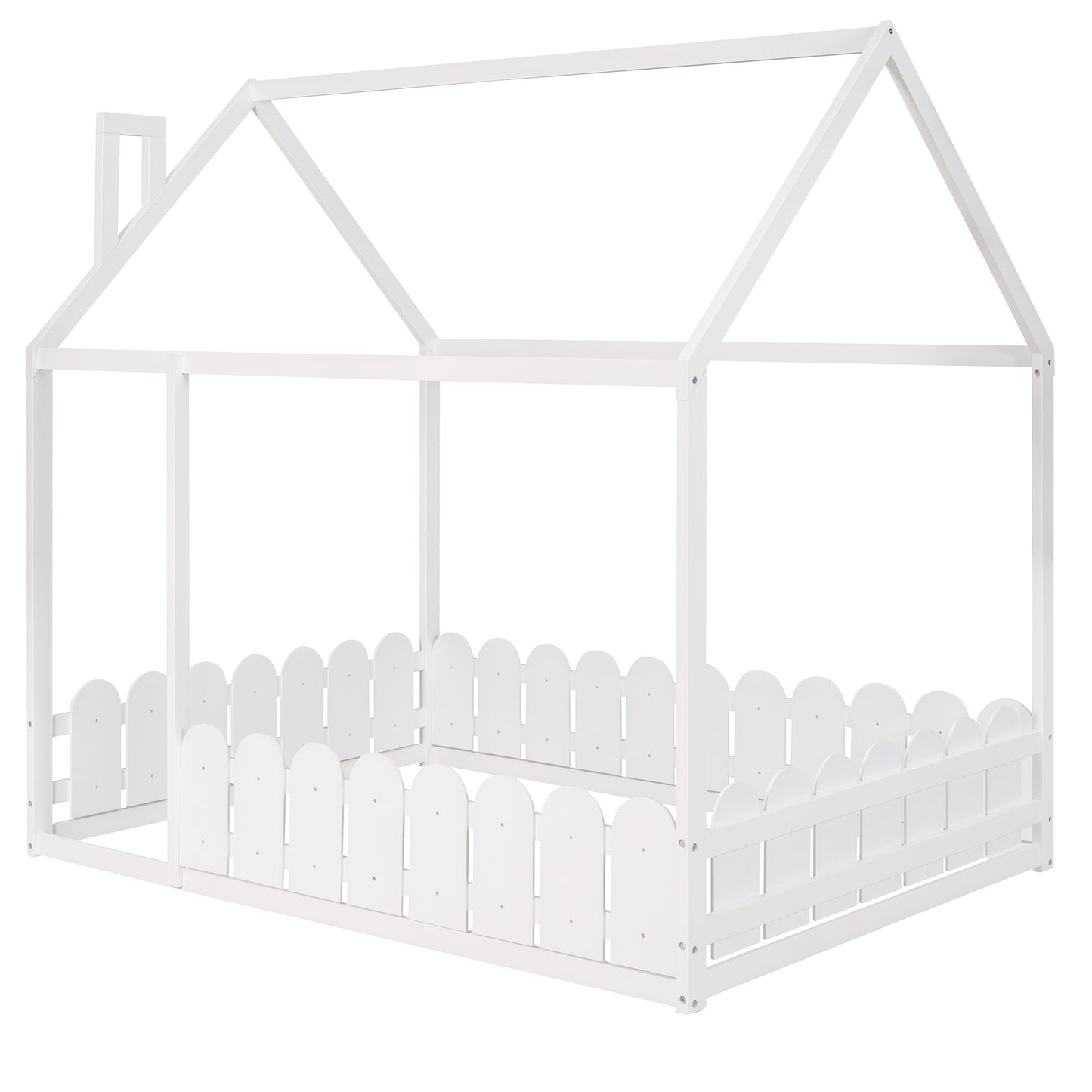 (Slats are not included) Full Size Wood Bed House Bed Frame with Fence for Kids Teens Girls Boys (White )