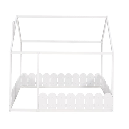 (Slats are not included) Full Size Wood Bed House Bed Frame with Fence for Kids Teens Girls Boys (White )